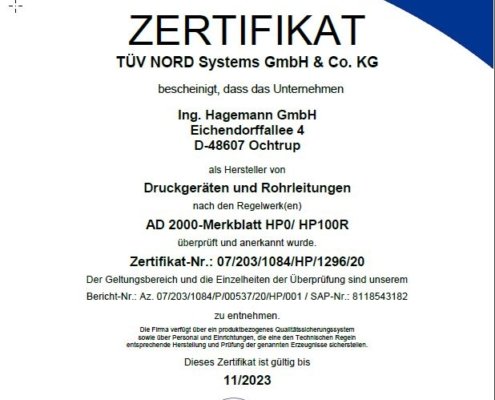 TÜV Zertifiziert vom Tüv Nord. Hagemann OChtrup Reinstagsversorgung Laborgasversorgung Kategorie 2
