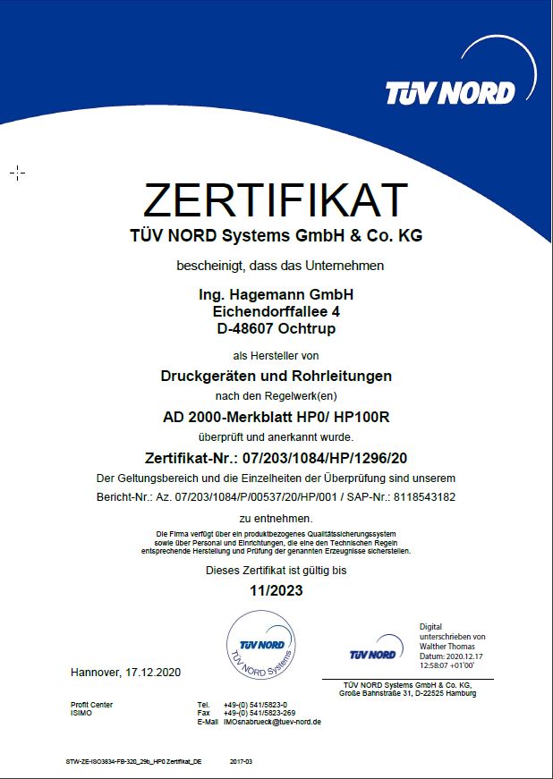 TÜV Zertifiziert vom Tüv Nord. Hagemann OChtrup Reinstagsversorgung Laborgasversorgung Kategorie 2